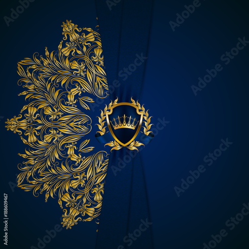 Royal background with ornament, shield, gold crown, ribbon, blazon, place for text in vintage style. Floral filigree elements, ornate for luxury gift card, menu, page, web design. Vector illustration