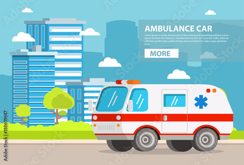 Ambulance car. City landscape with skyscrapers.Hospital transport medical care clinic.Urgency and emergency service vehicle.Vector in flat style.The van with signal lights