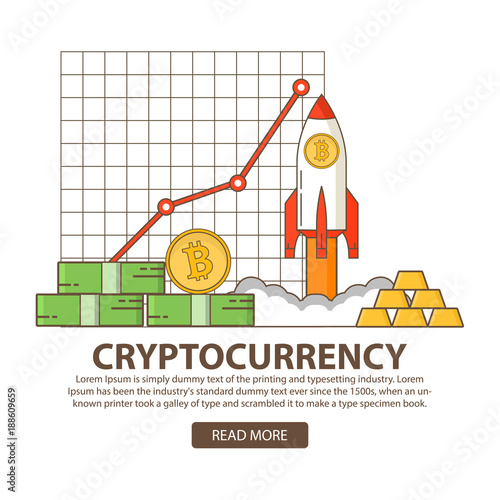 Startup space rocket. Sign of cryptocurrency. Business concept growth of a course bitcoin.Investments business concept statistic gold and securities.Financial stock market profit.Crypto currency.