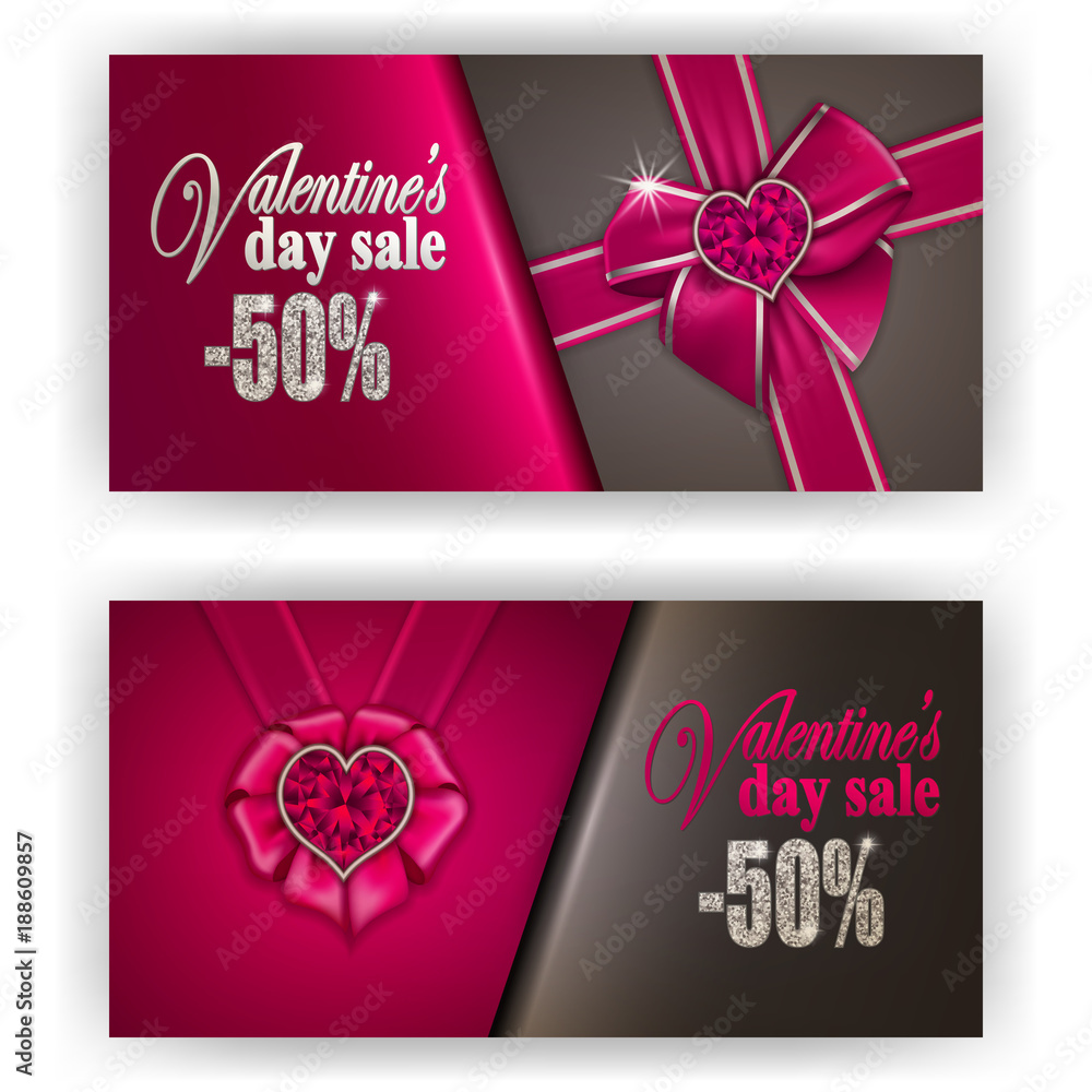 Set of gift vouchers with hearts, diamond for annual, festival sale.  Valentine's day vector background. 3d realistic template mockup design for  banner, poster, luxury invitation, greeting card, ads. Stock Vector | Adobe