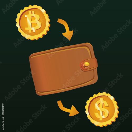Bitcoin exchange flat design. Cartoon style. Coins of crypto and dollar with wallet