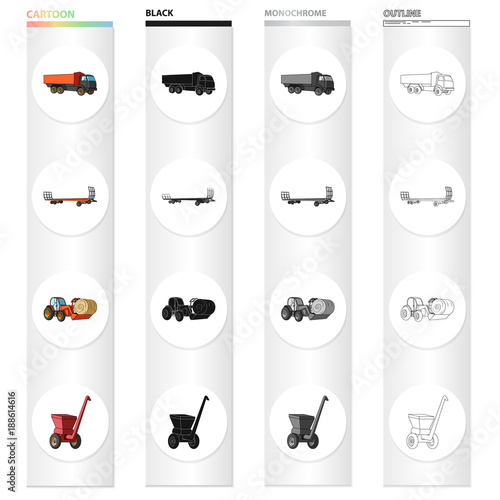 Truck, trailer for hay, tractor with a roll of hay, mobile chopper. Different types of agricultural machinery set collection icons in cartoon black monochrome outline style vector symbol stock