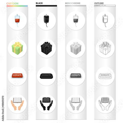 Donor blood, a charitable gift, a donation button, a book. Charity and donation set collection icons in cartoon black monochrome outline style vector symbol stock illustration web.