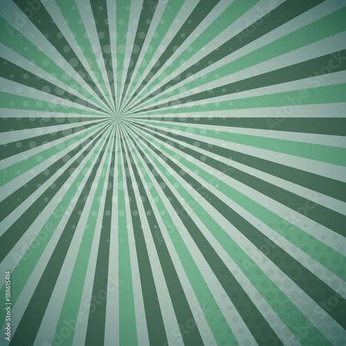 Blue green colored Pop-Art style blue comics book background, Lichtenstein popart. Pop art comic strip backdrop sunlight, sun ray space. Funny halftone dotted template. Vector illustration.