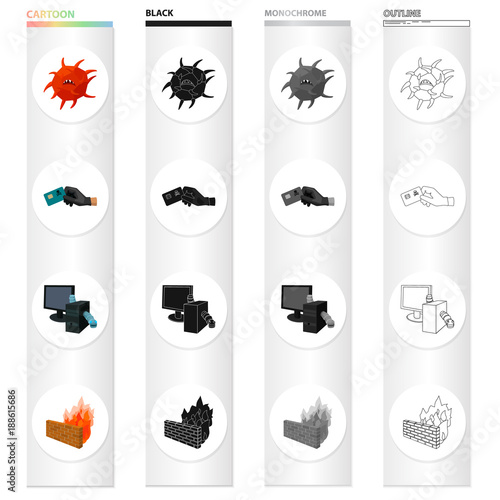 Hacking credit cards, worms in a computer system, a dangerous virus, Firewall. Hacker and hacking set collection icons in cartoon black monochrome outline style vector symbol stock illustration web.