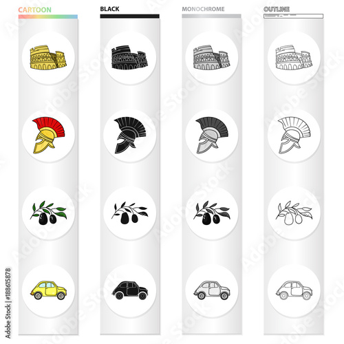 The ruins of the Colosseum, a Roman helmet, a branch of olives, an Italian car. Italy country set collection icons in cartoon black monochrome outline style vector symbol stock illustration web.