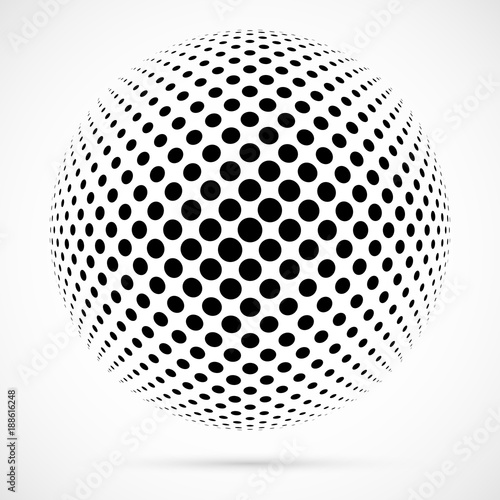 White 3D vector halftone sphere.Dotted spherical background.Logo template with shadow.Circle dots isolated on the white background.