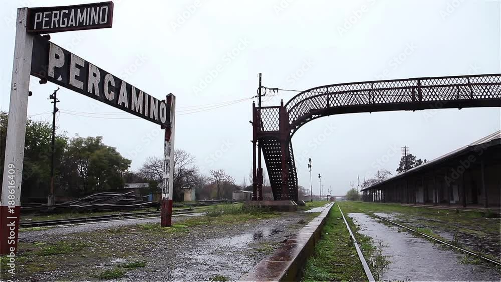 Train station in Pergamino, province of Buenos Aires, Argentina. Rainy day.