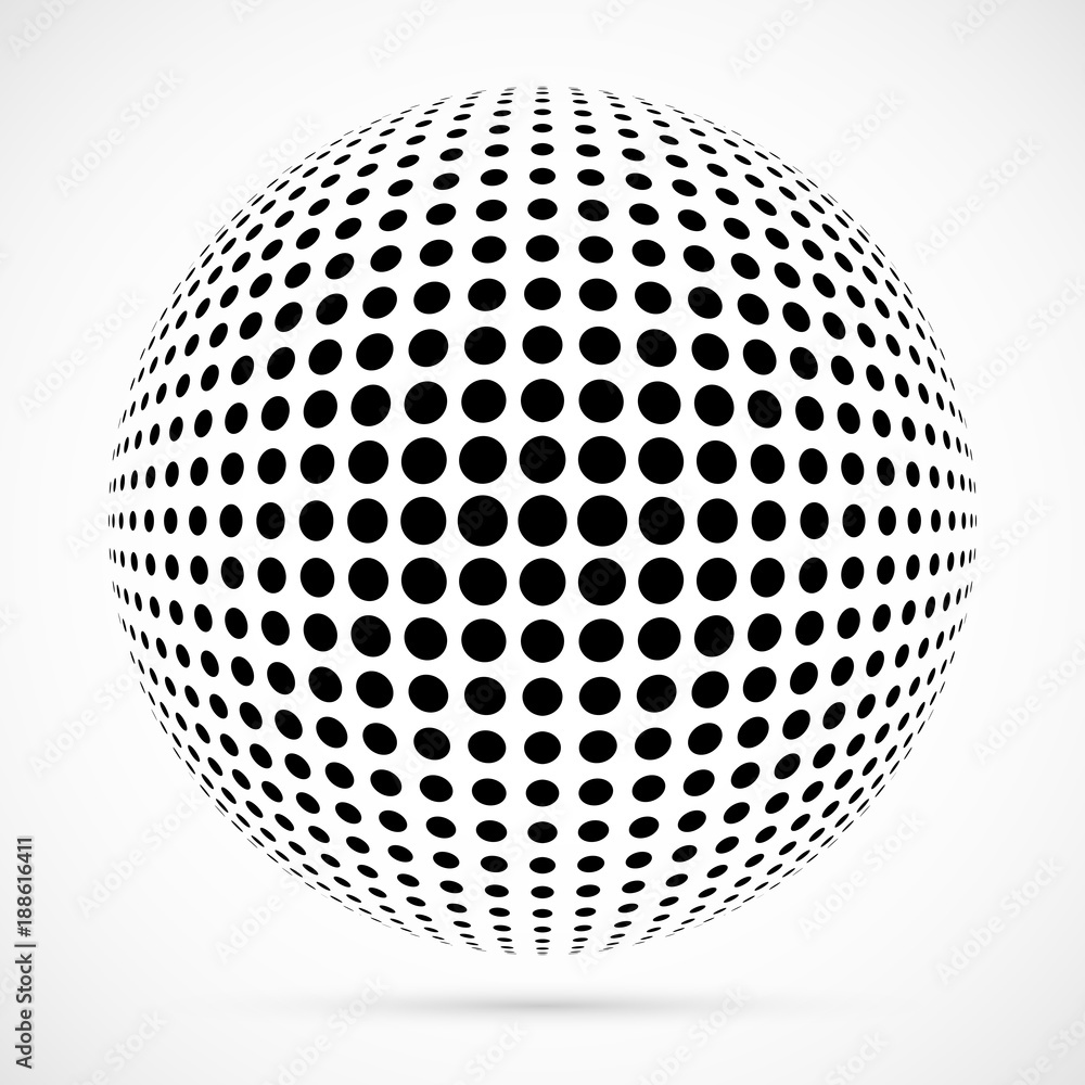 White 3D vector halftone sphere.Dotted spherical background.Logo template with shadow.Circle dots isolated on the white background. White 3D vector halftone sphere.Dotted spherical background.Logo template with shadow.Circle dots isolated on the white background.