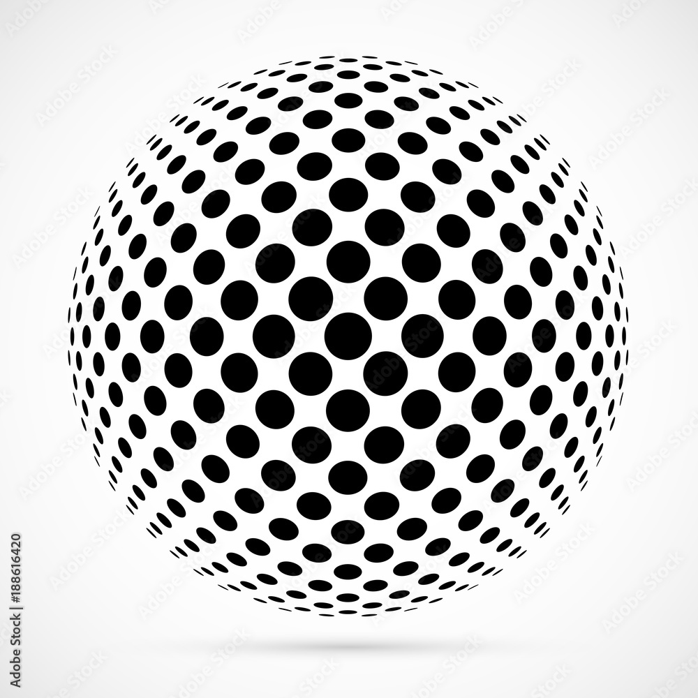 White 3D vector halftone sphere.Dotted spherical background.Logo template with shadow.Circle dots isolated on the white background. White 3D vector halftone sphere.Dotted spherical background.Logo template with shadow.Circle dots isolated on the white background.