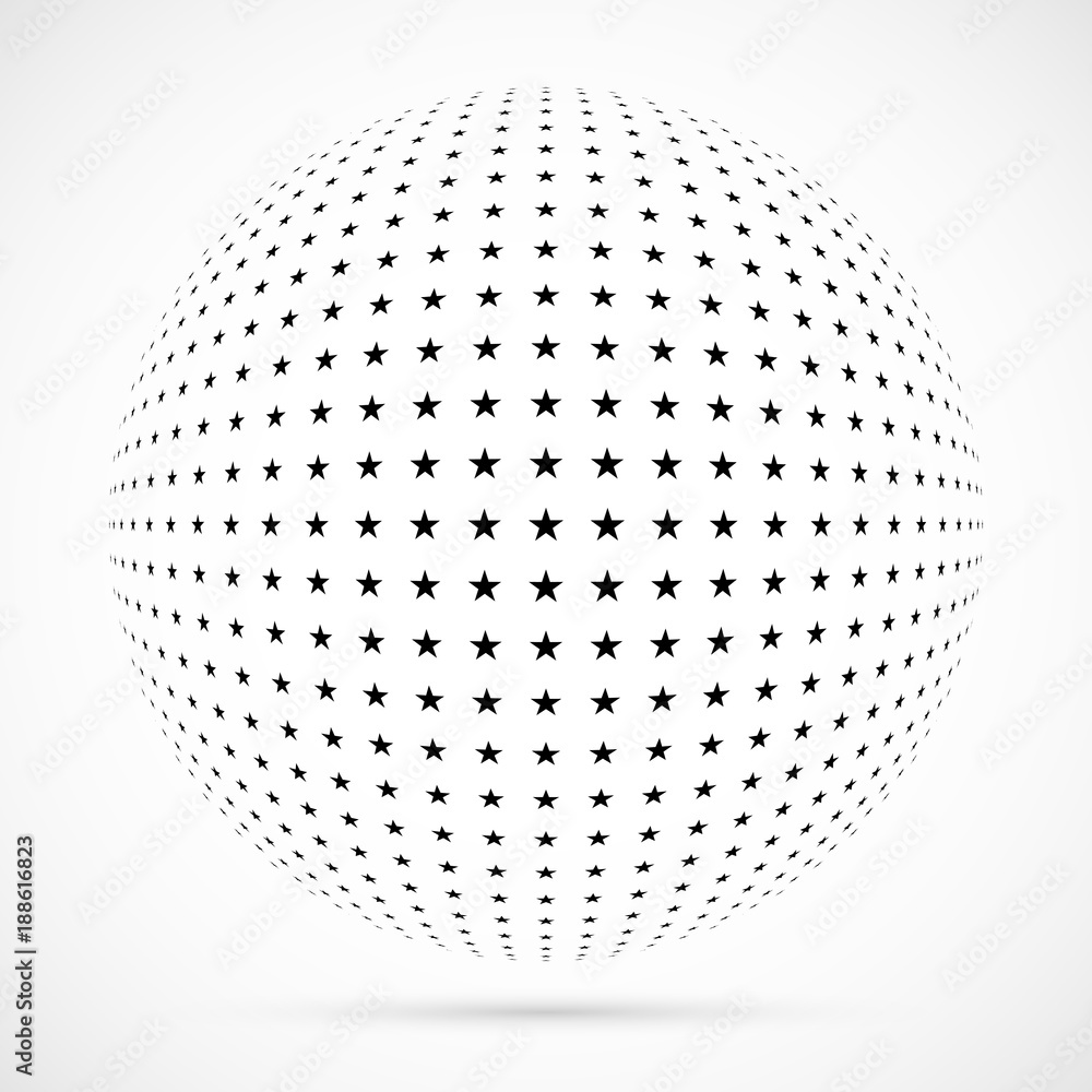 White 3D vector halftone sphere.Dotted spherical background.Logo template with shadow.Stars isolated on the white background. White 3D vector halftone sphere.Dotted spherical background.Logo template with shadow.Stars isolated on the white background.