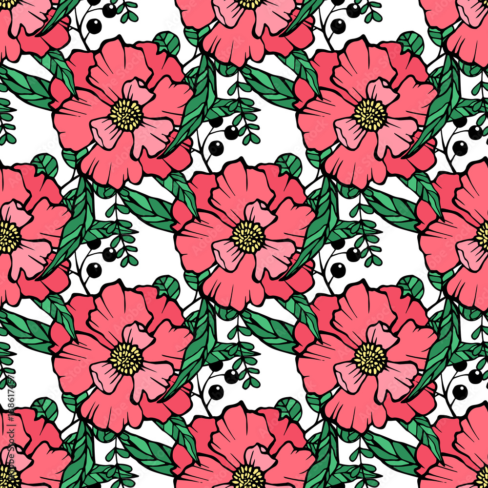 Seamless flower pattern for gift wrap and fabric design. Bright and hand drawn style for you. Vector illustration. Different background.