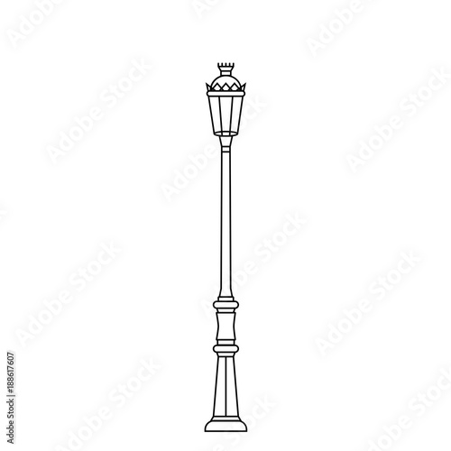 Classic street light, pole, standard in flat line design on isolated background. City lighting lamp or lantern- outdoor architect object in thin linear style.