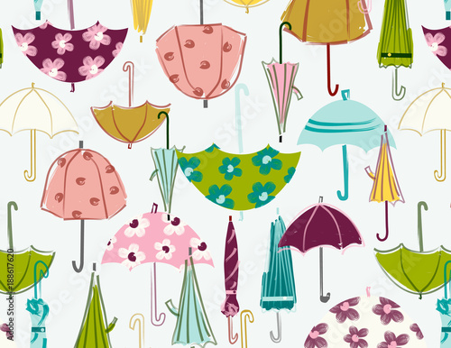 Umbrella vector illustration. Seamless repeating pattern for fabric, baby shower paper, cards, invitations, gift wrap, backgrounds and more. Cute, sweet, simple, colorful print.