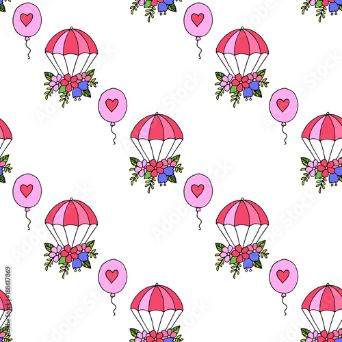 Seamless pattern for valentines day with hand drawn hearts and romantic symbols