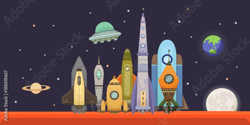 Rocket ship in cartoon style. New Businesses Innovation Development Flat Design Icons Template. Space ships illustrations set.
