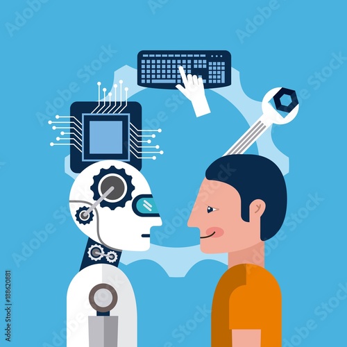 cartoon man and artificial intelligence robot tools vector illustration