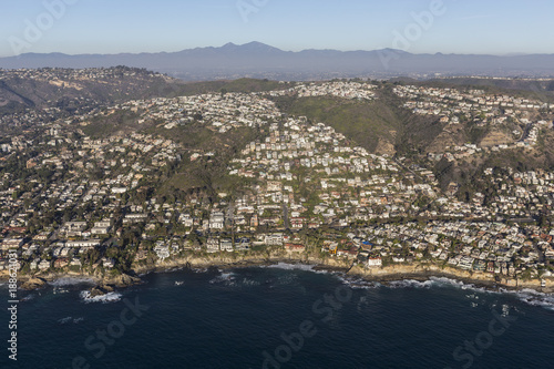 Aerial of hillside ocean view homes in the Laguna Beach neighborhood of Orange County, California.