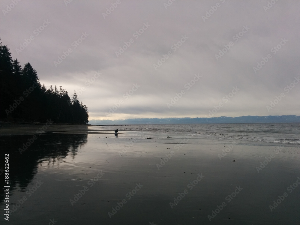 Fototapeta premium Woman in sand on a cloudy beach
