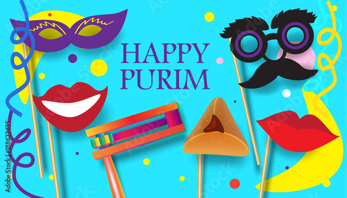 Purim Festival celebration concept greeting poster. Jewish Holiday festive abstract design, traditional symbols, noisemaker - grogger, hamantachhen cookies, masque, paper cut art, vector.