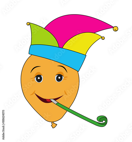 Faschingshut mit Luftballon, Luftballon mit Gesicht und Tröte,
Vektor Illustration isoliert auf weißem Hintergrund


