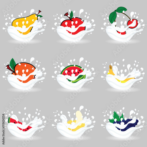 fruit in milk illustration on grey background