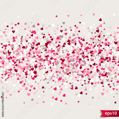 Stipple pattern for design. Colorful minimalistic geometric pattern with randomly located small hearts. Red heart glitter background. Gradually changing density backdrop with red and pink hearts