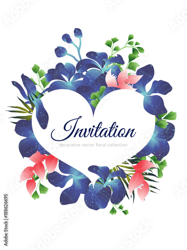 Fototapeta Naklejka Na Ścianę i Meble -  Hand drawn Tropical plant, blue Vanda Coerulea orchid, Adiantum leaves, Heliconia and palm leaf with heart frame, invitation card design