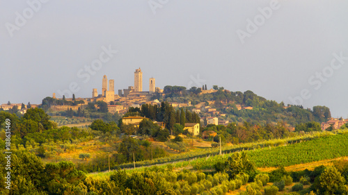 Idyllic and scenic landscape - vineyard and old town San Gimignano with fourteen towers on the top of the hill, Tuscany, Italy; tourism, travel, vacation; background.