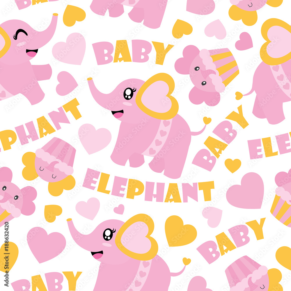 Seamless pattern of cute baby elephant and cupcakes vector cartoon illustration for Baby shower wrapping paper, kid fabric clothes, and wallpaper Seamless pattern of cute baby elephant and cupcakes vector cartoon illustration for Baby shower wrapping paper, kid fabric clothes, and wallpaper