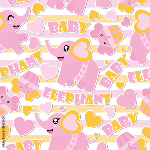 Seamless pattern of cute baby elephant and cupcakes on striped background vector cartoon illustration for Baby shower wrapping paper, kid fabric clothes, and wallpaper