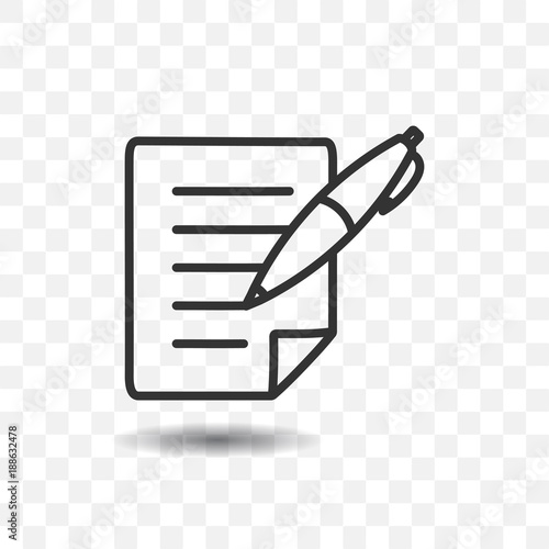 Paper and pen icon with shadow on transparent background.