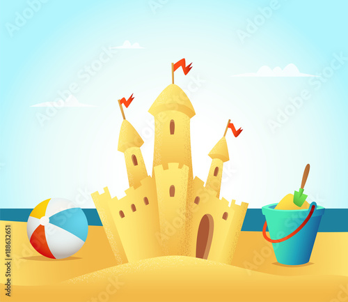 Sandy castle on beach and sea background. Vector illustration