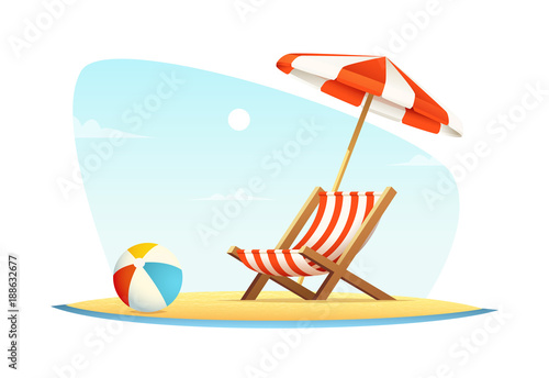 Fototapeta Wypoczynek lub odpoczynek na morzu. Koncepcja wakacje i podróże. Plażowy parasol i plażowy krzesło na dennym wybrzeżu
