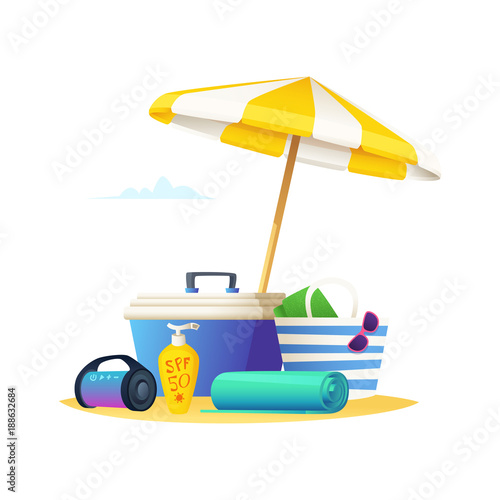 Summer travel beach accessories. Tropic vacation background design concept