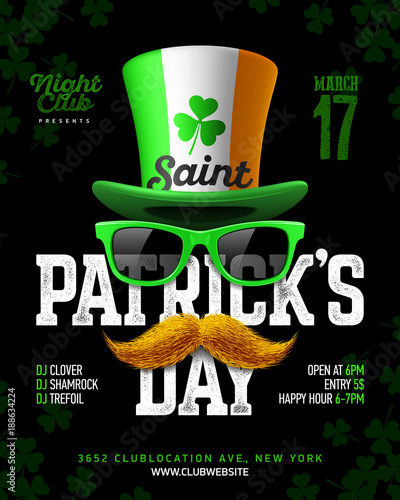 Saint Patrick's Day, Feast of Saint Patrick party poster design, 17 March celebration invitation with vintage lettering, leprechaun hat, green sunglasses and orange mustache