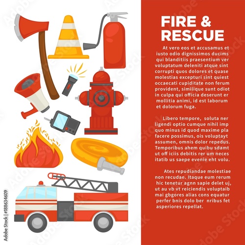 Fireman profession and fire secure protection poster of fire extinguishing equipment tools.