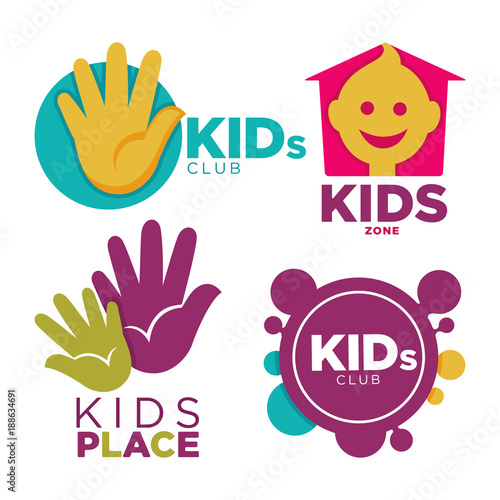 Kids place with entertainments bright promotional emblems set isolated cartoon flat vector illustration on white background