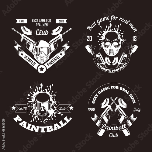 Paintball game sport club logo templates of gamer shooting target or paint ball gun