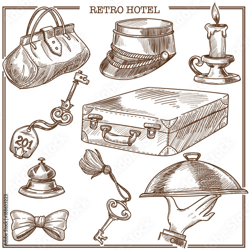 Retro hotel guest travel items and service staff accessory vector sketch icons