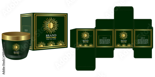 Packaging design, Label on cosmetic container with green and gold luxury box template and mockup box. illustration vector.