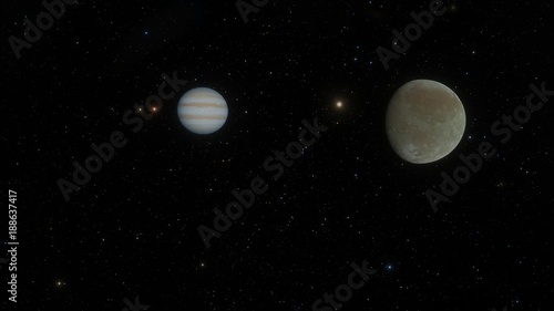 Ganymede Moon and Jupiter Planet Orbit Flyby