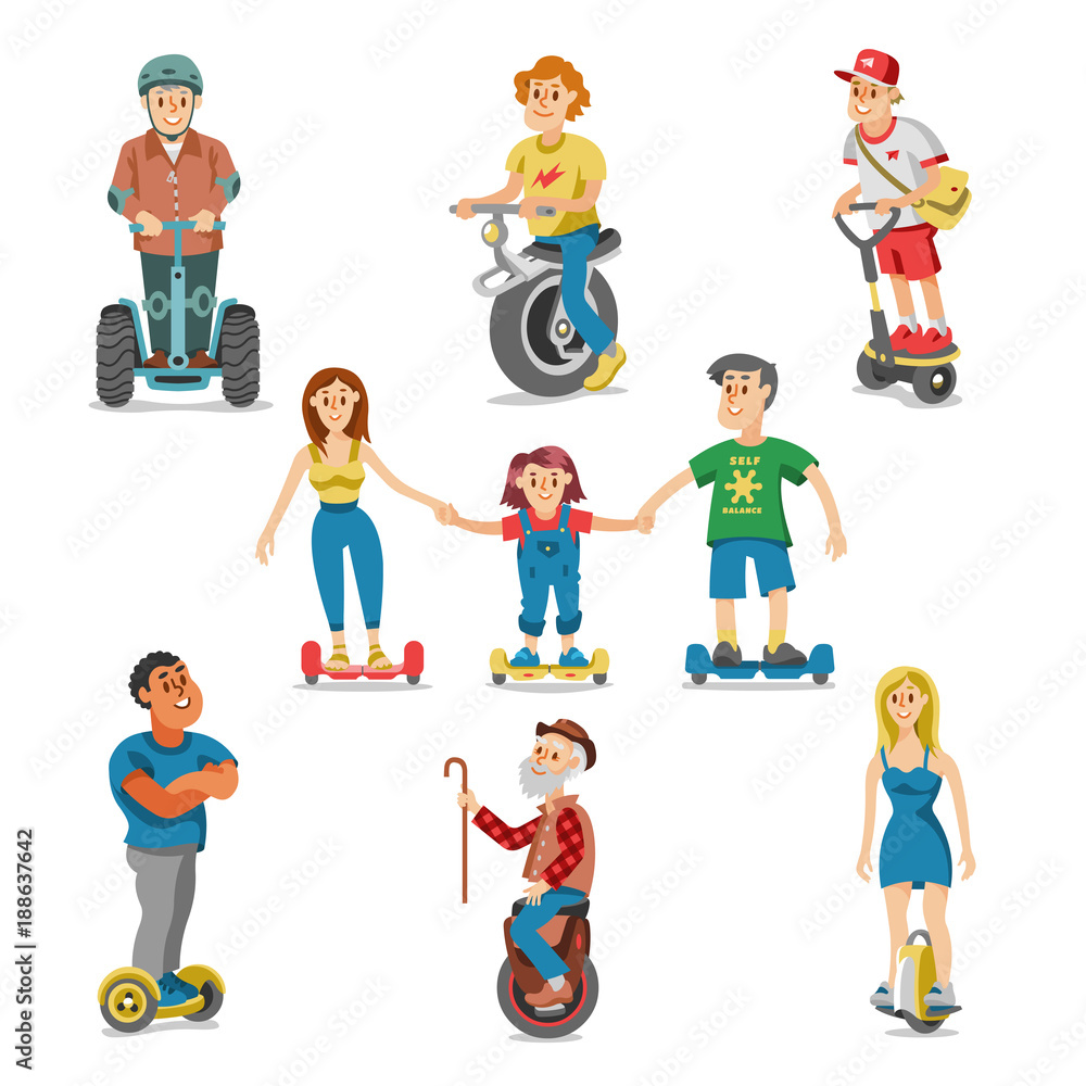 People on electric transport hoverboard segway vector set characters driving on gyroscooter and man balancing on electrical monowheel or eco balanceboard illustration isolated on white background