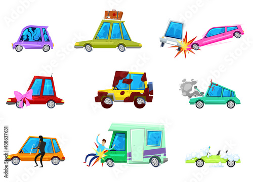 Cartoon car vector comic minicar and broken vehicle after auto accident or automobile crash and transport collision of minivan with pedestrian character set illustration isolated on white background
