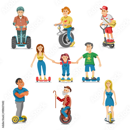 People on electric transport hoverboard segway vector set characters driving on gyroscooter and man balancing on electrical monowheel or eco balanceboard illustration isolated on white background