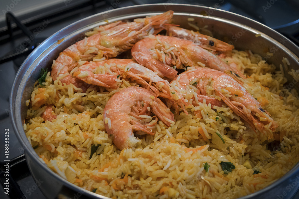 Indian shrimp biriani. Rice with prawns and spices Indian shrimp biriani. Rice with prawns and spices