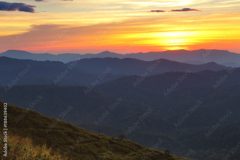 Beautiful scenery during sunset and cordillera alternating layers of Nern Chang Suek Mountain, Kanchanaburi province in Thailand. Attractions and natural Concept