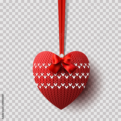 A knitted red heart with a satin bow hangs on a ribbon for Valentine's Day, Wedding, Birthday. Vector. Transparent background