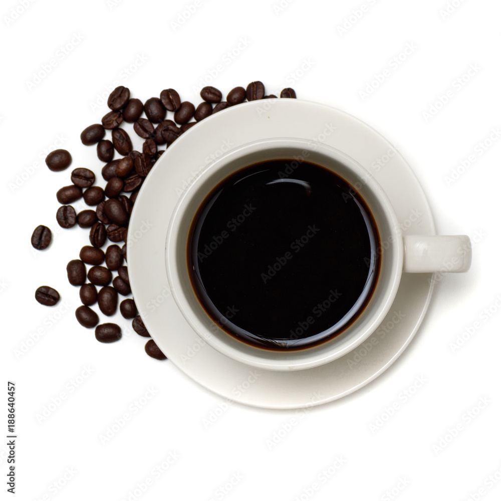 Top view a cup of coffee and coffee beans on white background. Top view a cup of coffee and coffee beans on white background.