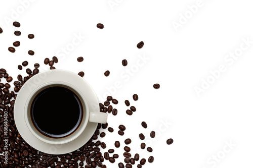 Top view a cup of coffee and coffee beans on isolated background.Free space for your text.